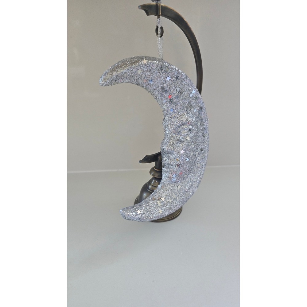 Silver Glitter Crescent Man in the Moon Ornament with Celestial styrofoam